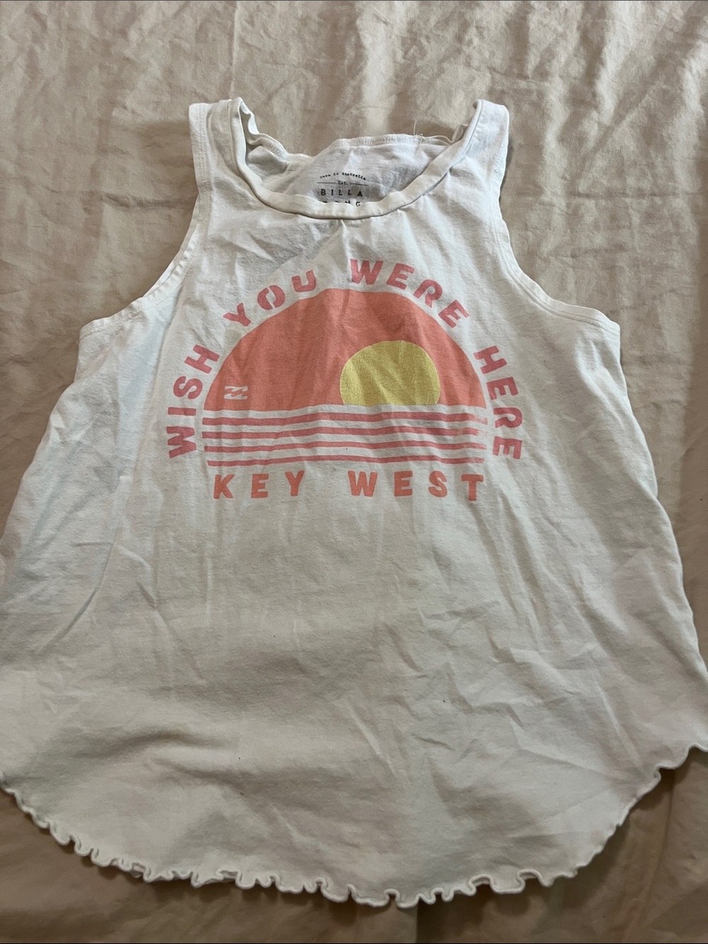 Billabong White Tank Top with Pink and Yellow Sunset Graphic